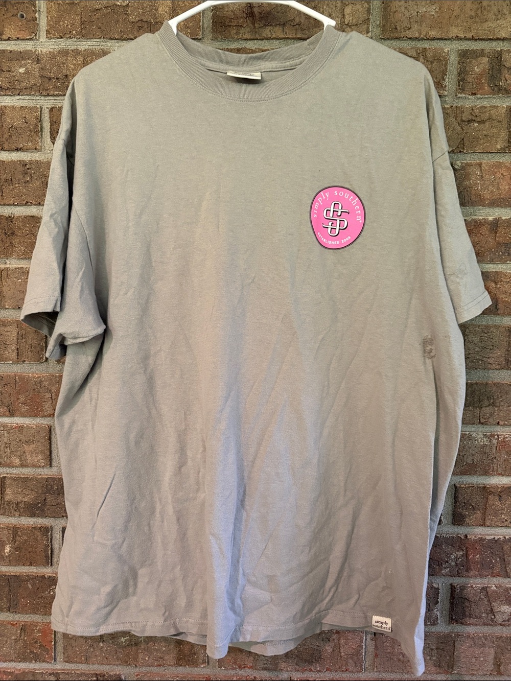 Simply Southern Light Gray Short Sleeve Tee with Pink Chest Emblem